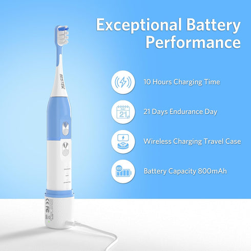 BESTEK Sonic Electric Toothbrush - IPX67 Waterproof, Rechargeable with Multiple Modes, 3 Replacement Brush Heads, Blue