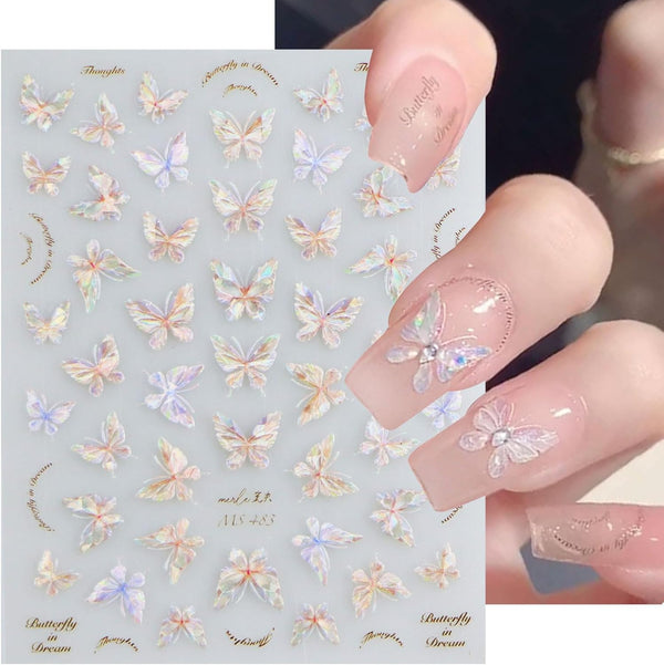 JMEOWIO 3D Embossed Aurora Butterfly Nail Art Stickers, Self-Adhesive 5D Decoration Accessories, 1 Sheet