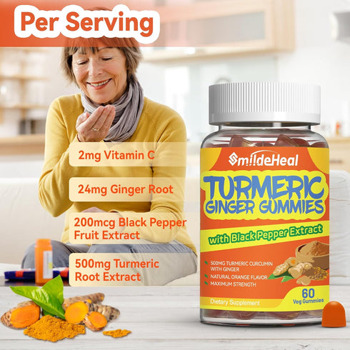 Turmeric Curcumin Gummies 500mg with Ginger Root, Black Pepper Extract, Antioxidant Support, 60 Count