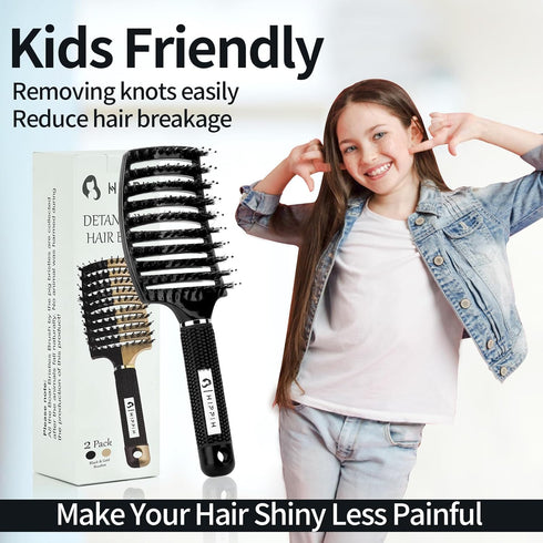 HIPPIH 2 Pack Boar Bristle Hair Brush, Wet & Dry No Pull Curved Vented Detangler for Kids & Men