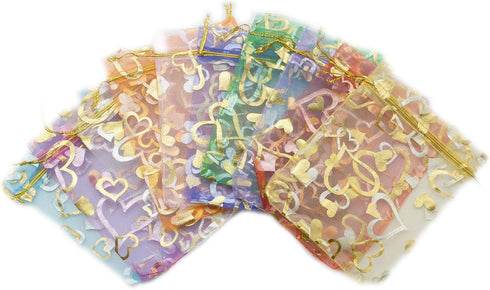 YYaaloa 100PCS Mini Sheer Heart Mixed Organza Bags, 7X9 cm/2.7X3.5 inches Drawstring Gift Bags (Mixed)