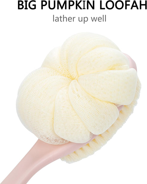 Shower Body Brush with Bristles and Large Pumpkin Loofah - Back Scrubber Bath Mesh Sponge for Skin Exfoliating