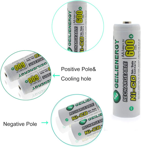GEILIENERGY NiCd AA 600mAh 1.2V Solar Light Rechargeable Batteries for Garden Light, Pack of 8