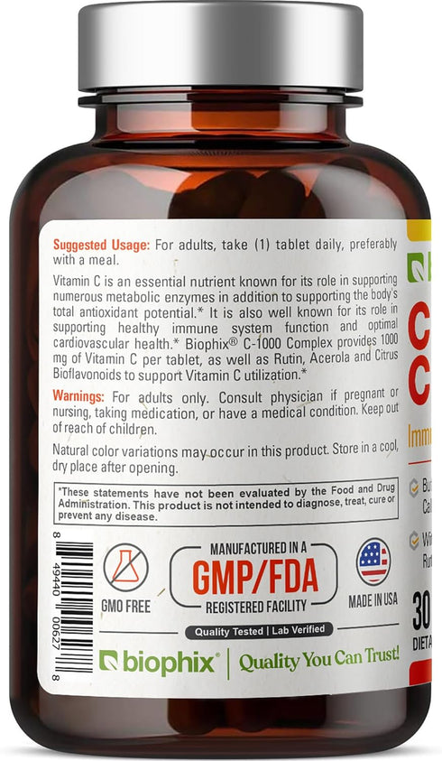 biophix Vitamin C-1000 mg 30 Tablets Complex - Vegan with Calcium, Citrus Bioflavonoids, Acerola, Rutin, Immune Health