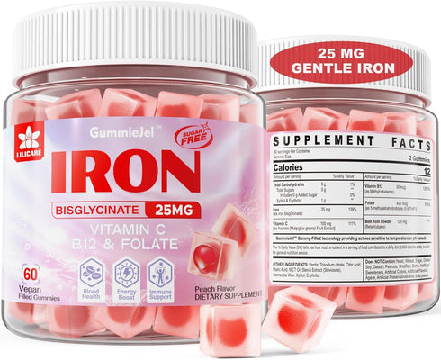 Vegan Iron Gummies Supplement for Women with Vitamin C, Beet Root, Vitamin B12, Folate for Energy Boost (60 Cts)