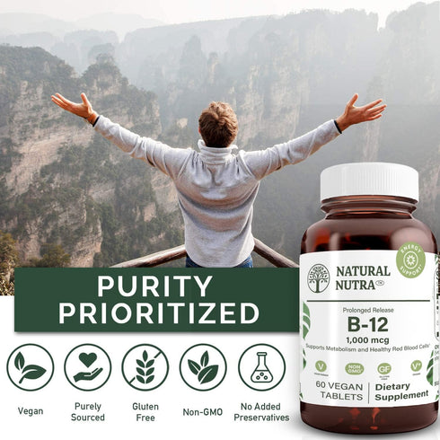 Natural Nutra Vitamin B12 1000 mcg, Cobalamin B12 Supplement, 60 Vegan Tablets, Gluten Free, Sugar Free