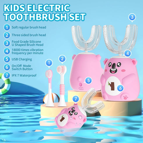 QDCYP 360 6 4 (6-12 Kids U Shaped Electric Toothbrush, Automatic Sonic Cleaning, Modes, Brush Heads, Cute Cartoon Koala