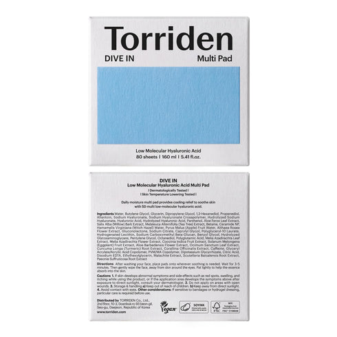Torriden DIVE-IN Vegan Hyaluronic Acid Toner Pads, 80 Pads for Moisturizing, Soothing, Hydrating