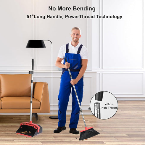 Upgrade Broom and Dustpan Set with 51'' Long Handle, Large Brooms and Dust Pans for Lobby Kitchen Office Restaurant