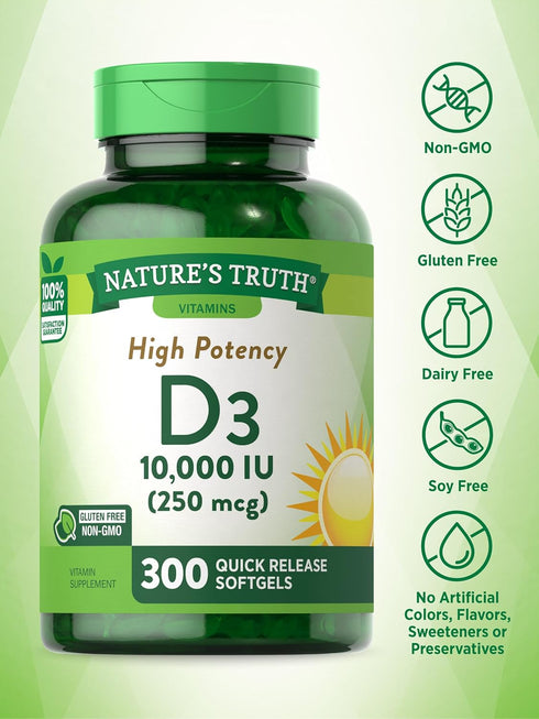 Nature's Truth Vitamin D3 10000 IU Softgels, 300 Count, Extra Strength, Non-GMO & Gluten Free