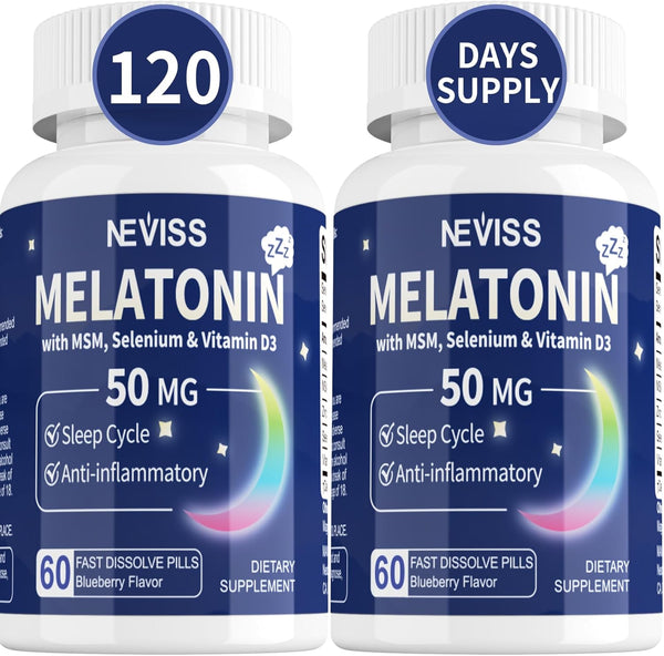 Melatonin 50 mg for Adults - Fast Dissolve Chewable Sleep Supplement with Vitamin D3 & MSM, 120 Servings for Deep Sleep