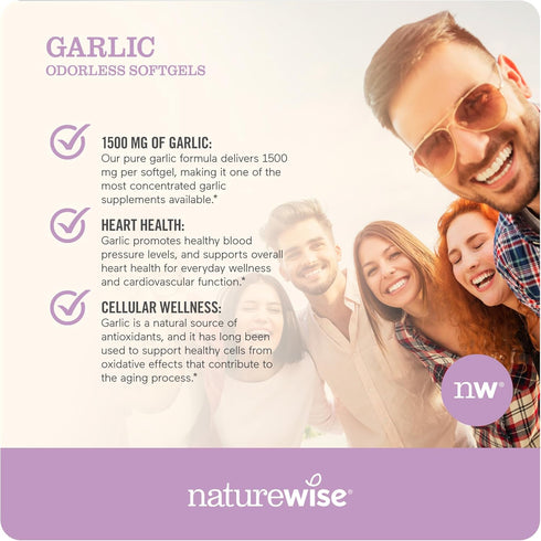 NatureWise Odorless Garlic Pills 1500 mg, with Royal Bee Jelly & Bee Pollen, 60 Softgels