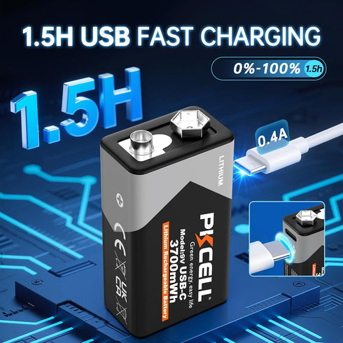PKCELL 9V 4-Pack, 3700mWh 9 9V 1.5 Rechargeable Batteries Volt Lithium Battery USB-C Recharge, Battery for Smoke