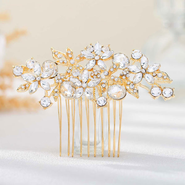 Olbye Bridal Headpiece - Rhinestone Crystal Flower Hair Comb and Clips for Brides and Women (Gold)