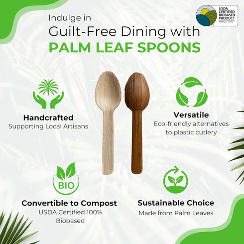 Palm Leaf Spoons 6 Inches (50 Count), Bamboo Spoons, Eco-friendly Compostable Disposable Cutlery for Parties