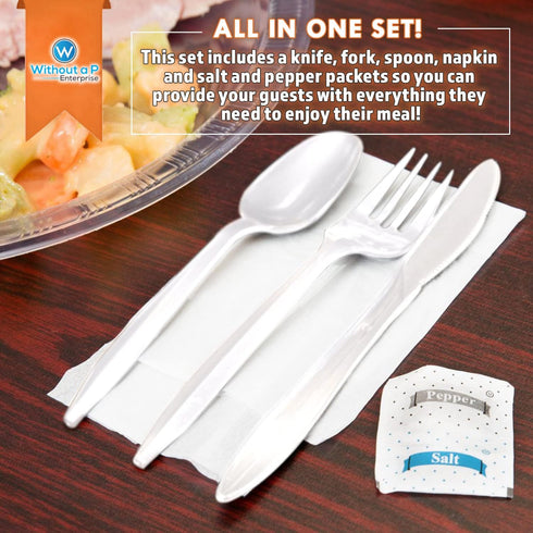 BULK HEAVY WEIGHT Cutlery, Individually Wrapped White Plastic Knife, Spoon, Fork Pack with Napkin and Salt & Pepper