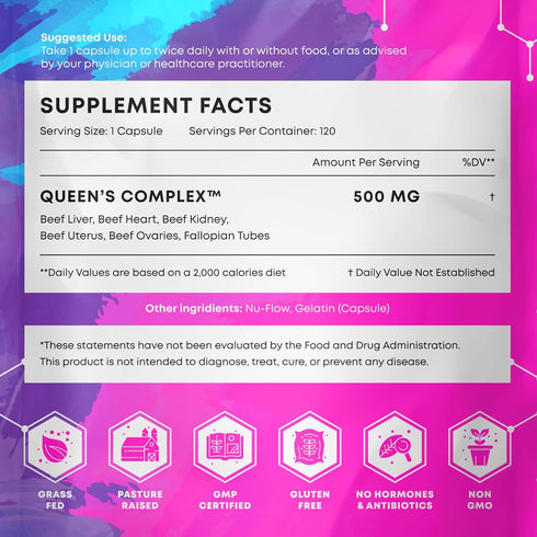 Queens Balance 6 120 Beef Organ Supplement for Women - Formula of Grass Fed Beef Organs - Liver, Heart, Kidney, Uterus