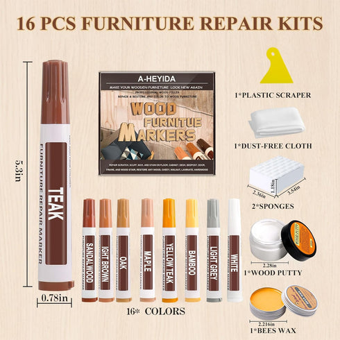 22PCS Furniture Markers Touch Up Kit, 16 Color Wood Markers with Beeswax Wood Putty Filler for Repairs