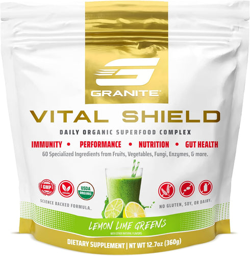 Granite Supplements Vital Shield - 30 Servings Greens Superfood Powder for Gut Health, Lemon Lime