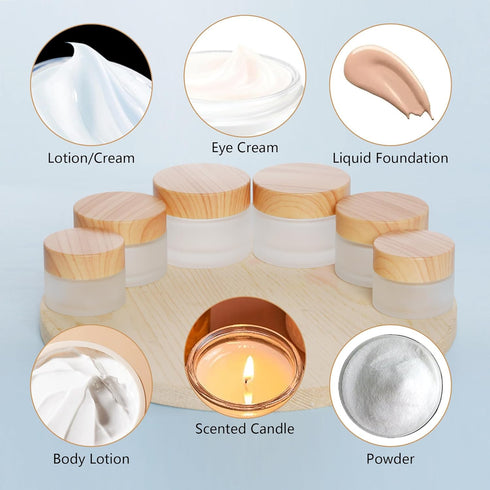 6Pcs Glass Cosmetic Containers, Frosted Glass Cream Jars with Wood Grain Lid, Leak-proof Empty Makeup Jar for Lotions,