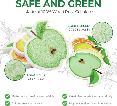 Biodegradable Cellulose Compressed Sponges, Pack of 12 Fruit Shaped Kitchen Sponges for Heavy Duty Cleaning