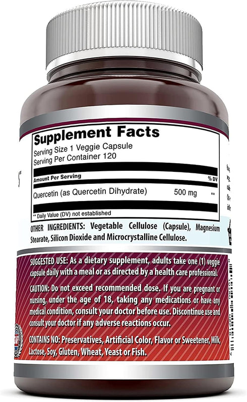 Amazing Formulas Quercetin 500mg Veggie Capsules Supplement | Non-GMO | Gluten Free | 120 Count | 2 Pack Supports