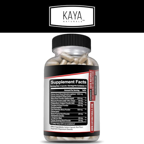 Kaya Naturals Horny Goat Weed for Men and Women - 1560mg Extra Strength Complex with Maca, Saw Palmetto, Ginseng, Arginine Libido Enhancing Vitamin Supplement | Horny Goat Weed - 30 Count