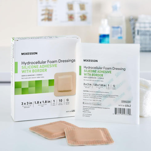 McKesson Hydrocellular Foam Dressings, Sterile Silicone Adhesive with Border, 10 Count, 3 in x 3 in