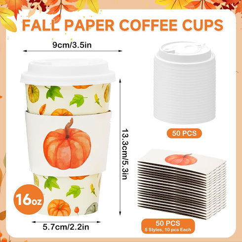 Nihuecne 50 Pack 16 oz Fall Themed Disposable Coffee Cups with Snap-on Lids and Sleeves - for Hot or Cold Drinks