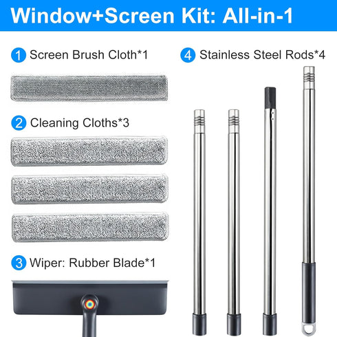 Purexa 3-in-1 60" 3 All-in-1 Window Squeegee for Home - Window Cleaning Kit with Microfiber Cloths & Screen Brush