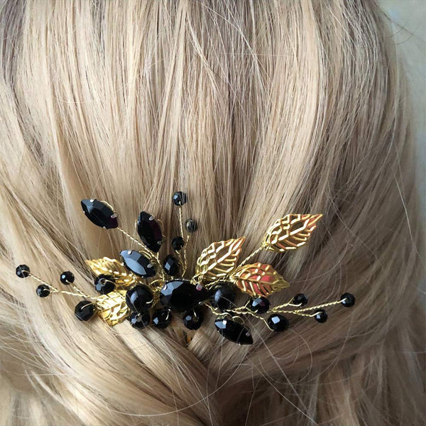 YERTTER Wedding Black Crystal Leaf Bridal Hair Comb Clip, Wedding Hair Accessories for Bride, Bridesmaid, Flower Girls
