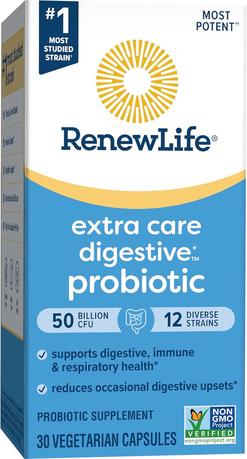 Extra Care Digestive Probiotic Capsules, 50 Billion CFU, Daily Supplement Renew Life, 30 Count