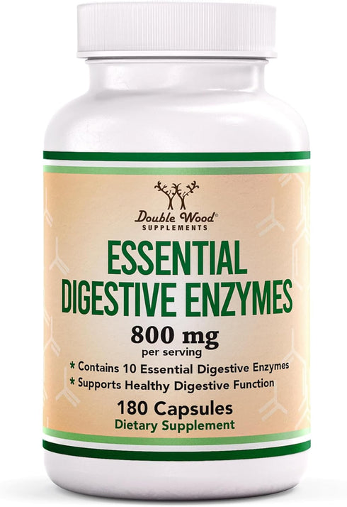 Digestive Enzymes by Double Wood - 800mg Blend of 10 Essential Digestive & Pancreatic Enzymes (Amylase, Lipase,