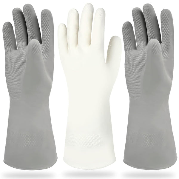 Cleanbear Cleaning Gloves - Set of 3 Reusable Latex Free Rubber Gloves, 2 Pairs Gray and 1 Pair White (12 Inches)
