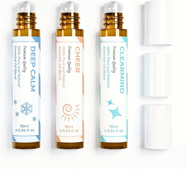 Essential Oil Set (Deep Calm, Cheer, ClearMind), Aromatherapy Roll On Blends for