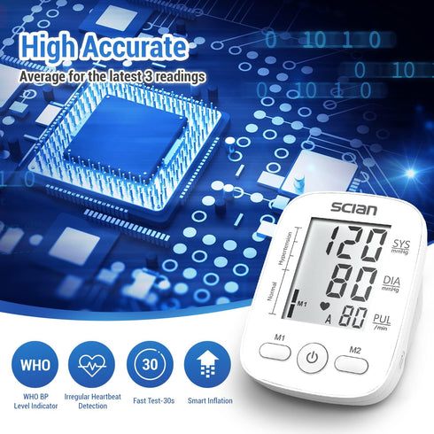 Scian Blood Pressure Monitor Upper Arm for Home Use, Automatic Blood Pressure Arm Cuff with Large Cuff 8.7"-16.5", Large LCD Display, 2 User 180 Memory, USB Cable (White)