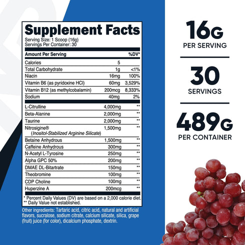 Nutricost Pre-X Extreme Pre-Workout Powder, Grape Flavor, 30 Servings, Vegetarian, Non-GMO, Gluten Free