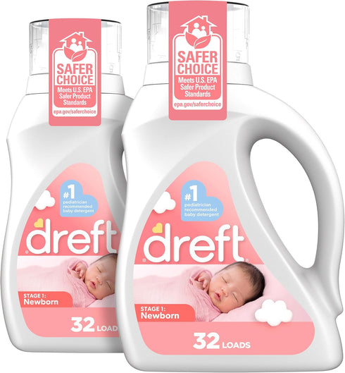 Dreft Newborn Baby Liquid Laundry Detergent - Gentle on Sensitive Skin, HE Compatible, 2 Pack, 32 Loads Each