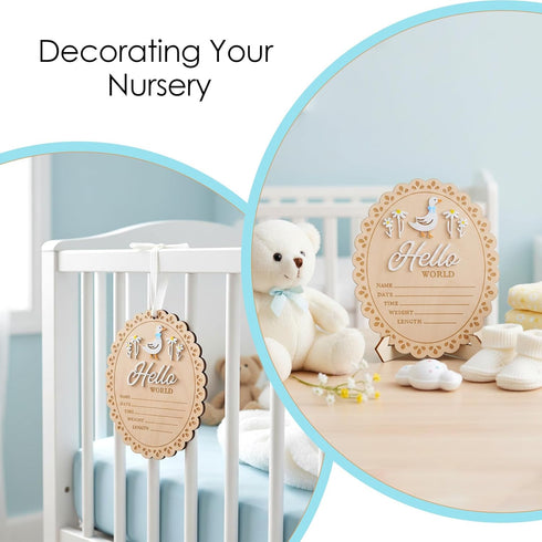 Tucnoeu Baby Announcement Sign, Wooden Hello World Newborn Welcome Sign, Hes Here Card Birth Stats Signs Newborn Photo
