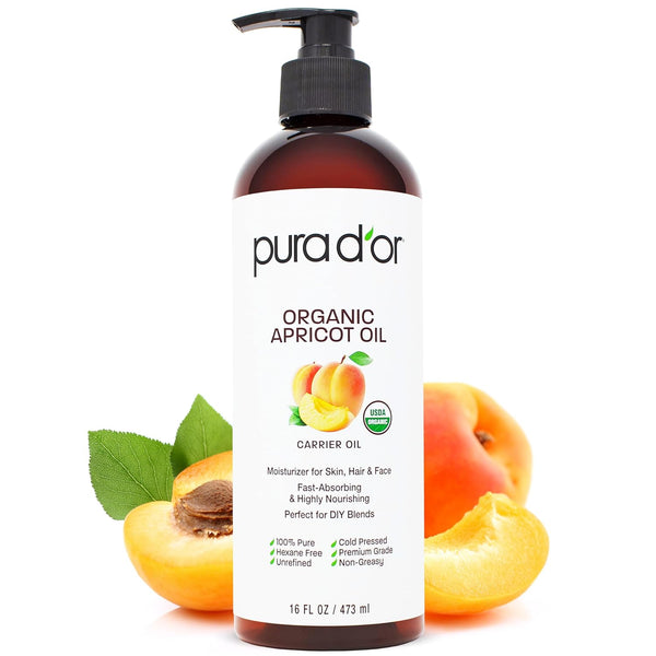 PURA D'OR 16 Oz ORGANIC Apricot Kernel Oil - 100% Pure & Natural Cold Pressed Carrier Oil for Skin & Hair