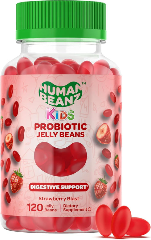 Probiotic Jelly Bean Gummies for Kids, 120 Strawberry Blast Jelly Beans, Nutritional Vegetarian Supplements