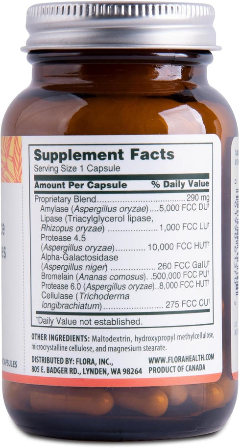 Flora Daily Maintenance Digestive Enzymes - 60 Vegetarian Capsules - Non-GMO & Gluten-Free - Aids Gas & Bloating - 7