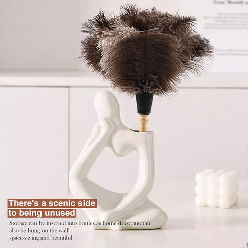 Ostrich Feather Duster Classic 14" with Wooden Handle, Eco-Friendly Reusable Handheld Cleaning Supplies for Home, Car