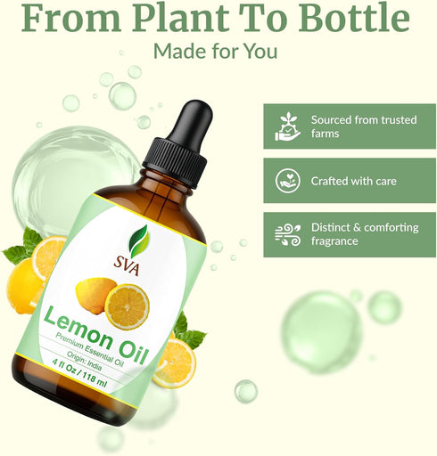SVA Lemon Essential Oil – 4 Fl Oz – 100% Natural for Diffuser, Hair Care, Skin Care, Aromatherapy, with Dropper
