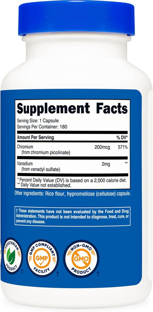 Nutricost Vanadium + Chromium 2mg, 180 Vegetarian Capsules, Gluten Free, Non-GMO Supplement
