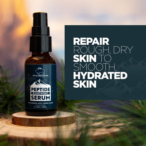 Wild Mountain Peptide Face Serum for Men, Hydrating Hyaluronic Acid & Collagen Boosting Amino Acids, 1 oz