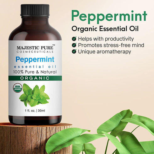 Majestic Pure Peppermint Essential Oil, 100% Organic Oil for Aromatherapy, Skincare, Hair Care, Household Use