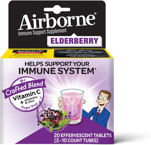 Airborne Elderberry + Zinc & Vitamin C Effervescent Tablets - 20 Fizzy Drink Tablets for Immune Support