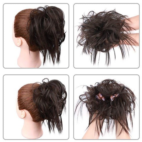 HMD Tousled Updo Messy Bun Hair Piece - Hair Extension Ponytail with Elastic Rubber Band for Women (Dark Brown)