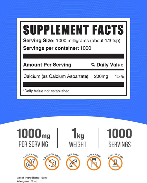 BulkSupplements.com Calcium Aspartate Powder - Calcium Supplement Powder, Gluten Free, 1000mg (200mg Calcium) per